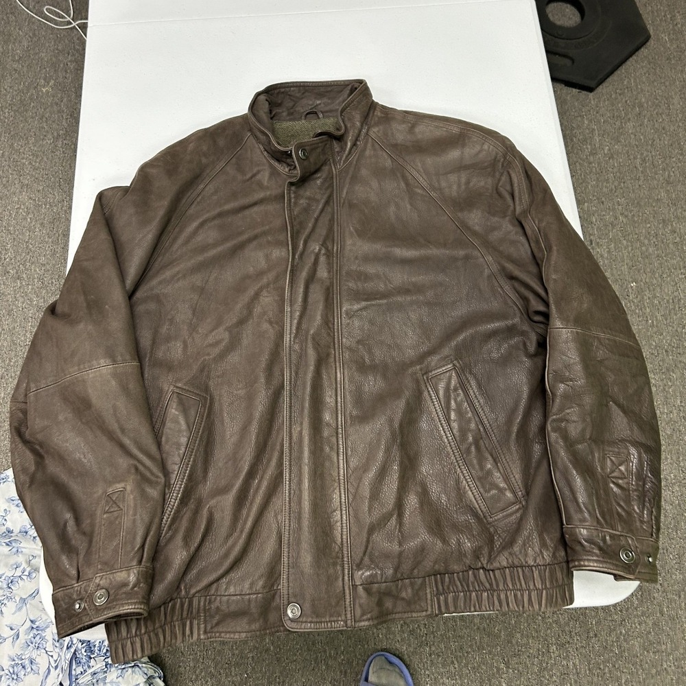 John Ashford Leather Bomber Jacket Mens XL Brown Herringbone Lined Full Zip